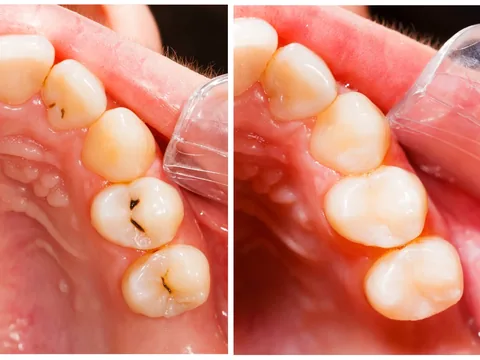 Two molars with dark decay, shown again restored with tooth-coloured filling material